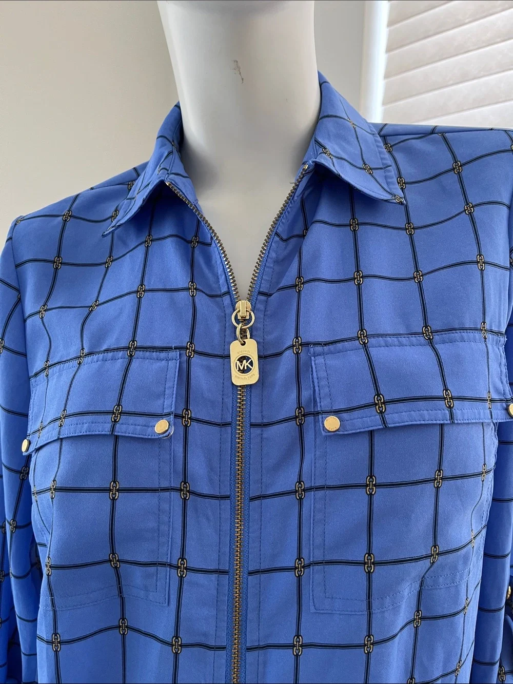 Michael Kors blue chain link windowpane blouse Zip-Front Size S